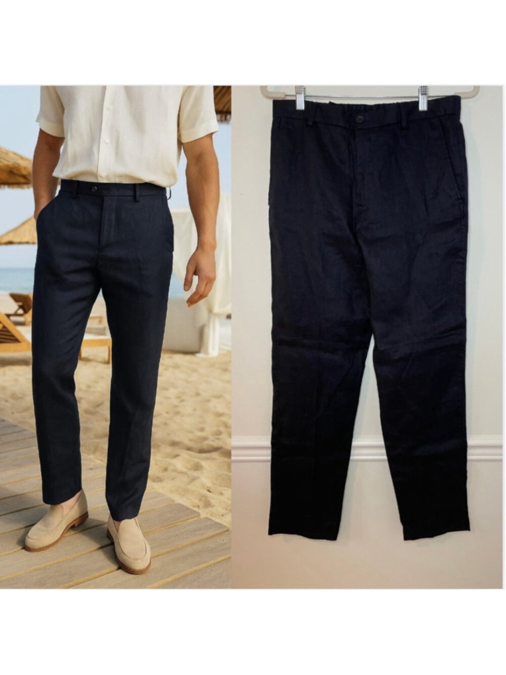 Nwt Zara Navy Linen Tapered Trousers M